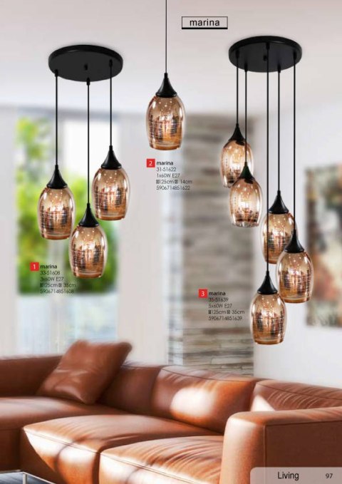 Lampa wisząca czarno-miedziana lustrzane klosze Marina