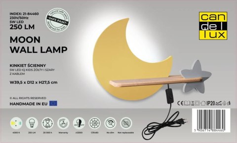 MOON LAMPA KINKIET ŚCIENNY 5W LED IQ KIDS Z PRZEWODEM Z WŁ. I WTYCZKĄ ZŁOTY+SZARY