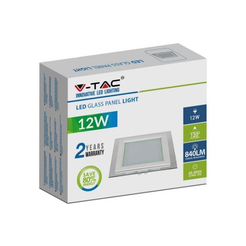 Panel LED V-TAC 12W LED Szkło Kwadrat VT-1202G 3000K 840lm