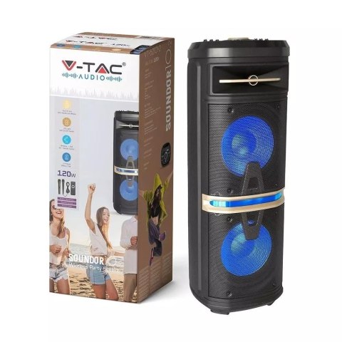 Głośnik Przenośny V-TAC 120W Mikrofon Bezprzewodowy i Przewodowy 2 Głośniki, RGB, PILOT, na kółkach VT-6210-2