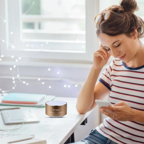 Przenośny Metalowy Głośnik Bluetooth Micro SD Mikrofon 400mAh Złoty V-TAC VT-6133