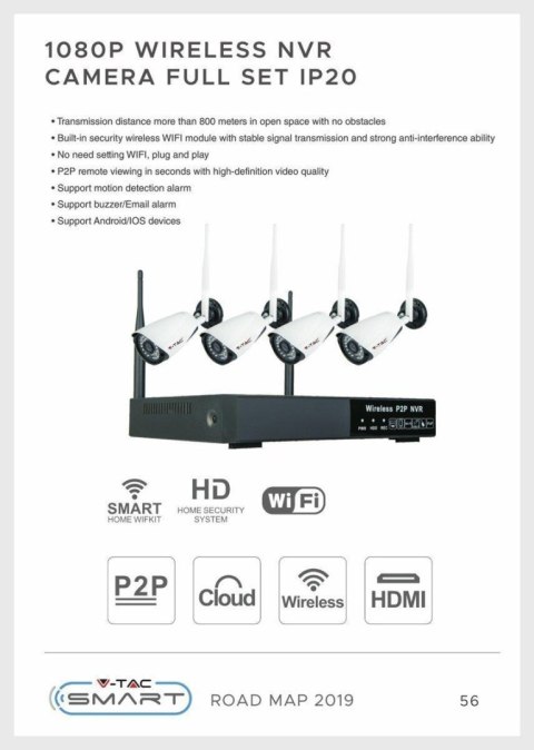 Zestaw Monitoringu V-TAC 1080P WiFi 4xKamera VT-5188