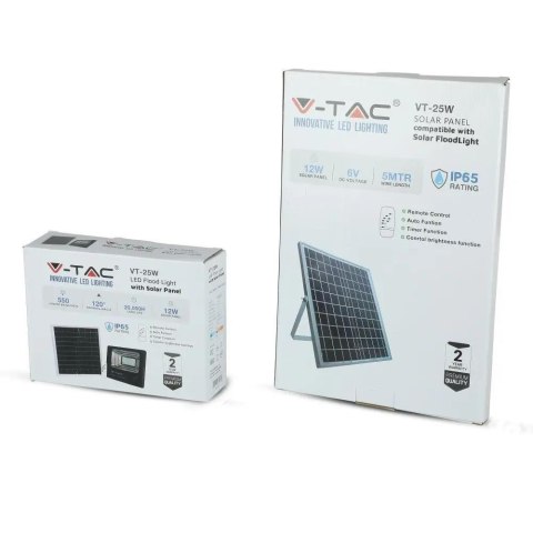 Naświetlacz Projektor LED Solarny V-TAC 12W Czarny IP65, Pilot, Timer VT-25W 4000K 550lm