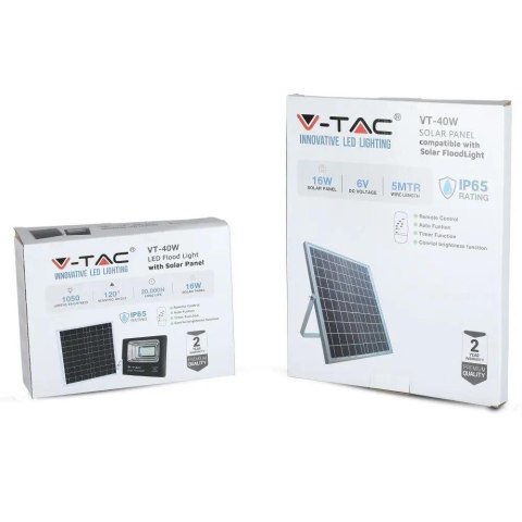 Naświetlacz Projektor LED Solarny V-TAC 16W Czarny IP65, Pilot, Timer VT-40W 4000K 1050lm