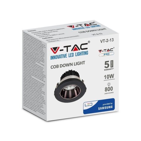 Oprawa Downlight V-TAC SAMSUNG CHIP 10W Czarna Uchylna VT-2-13 6400K 800lm 5 Lat Gwarancji