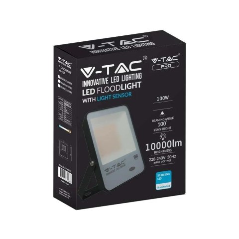 Projektor LED V-TAC 100W Czujnik Światła SAMSUNG CHIP 100Lm/W Czarny VT-117 3000K 10000lm 5 Lat Gwarancji