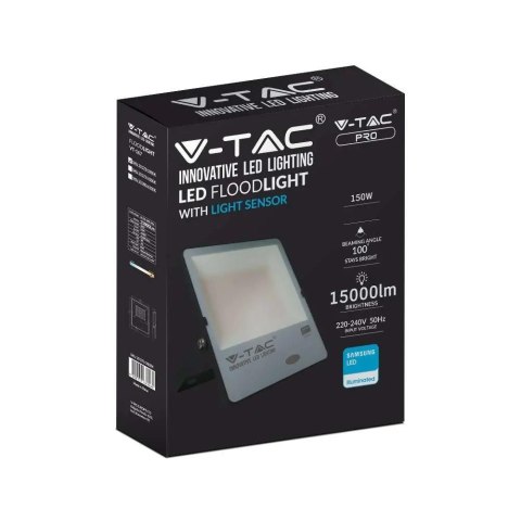 Projektor LED V-TAC 150W Czujnik Światła SAMSUNG CHIP 100Lm/W Czarny VT-167 3000K 15000lm 5 Lat Gwarancji