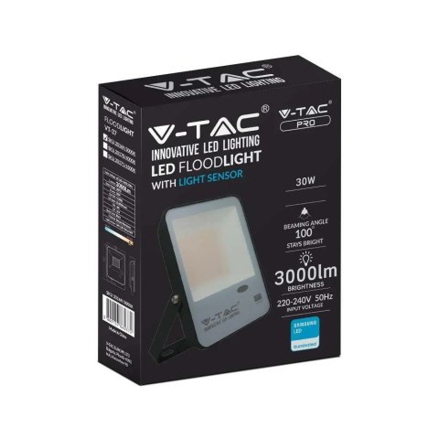 Projektor LED V-TAC 30W Czujnik Światła SAMSUNG CHIP 100Lm/W Czarny VT-37 3000K 3000lm 5 Lat Gwarancji