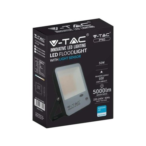 Projektor LED V-TAC 50W Czujnik Światła SAMSUNG CHIP 100Lm/W Czarny VT-57 6500K 5000lm 5 Lat Gwarancji