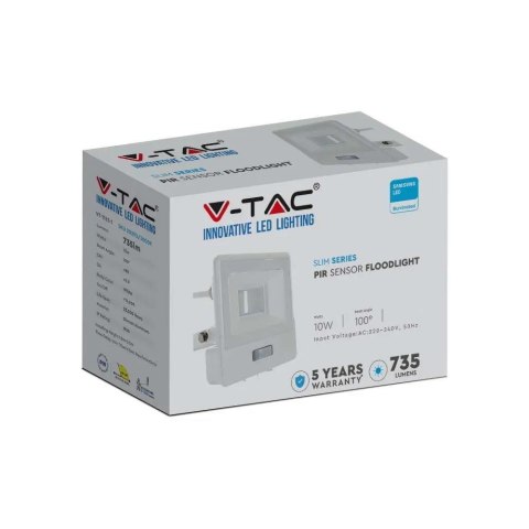 Projektor LED V-TAC 10W SAMSUNG CHIP Czujnik Ruchu Biały Przewód 1M VT-118S 6400K 735lm 5 Lat Gwarancji