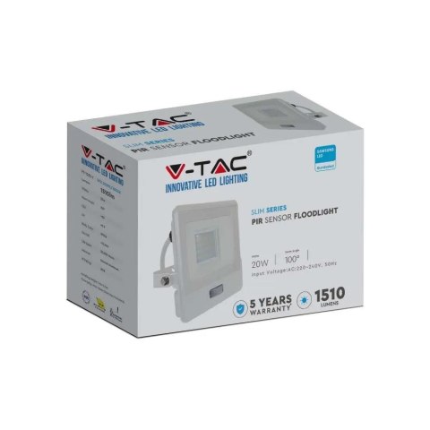 Projektor LED V-TAC 20W SAMSUNG CHIP Czujnik Ruchu Biały Przewód 1M VT-128S 3000K 1510lm 5 Lat Gwarancji