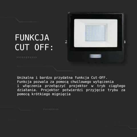 Projektor LED V-TAC 30W SAMSUNG CHIP Czujnik Ruchu Czarny Z MUFĄ VT-138S 4000K 2340lm 5 Lat Gwarancji