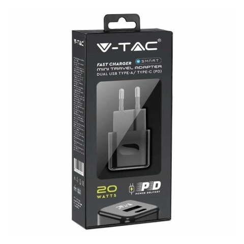 Ładowarka USB V-TAC SZYBKA 20W Czarna MINI Dual USB Type-A Type-C VT-5320-B