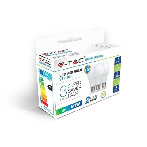 Żarówka LED V-TAC 8,5W E27 A60 Zestaw (Opak. 3szt) VT-1900 2700K 806lm