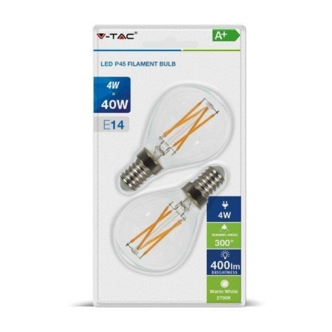 Żarówka LED V-TAC 4W Cross Filament E14 P45 Kulka (Blister 2szt) VT-2184 2700K 400lm
