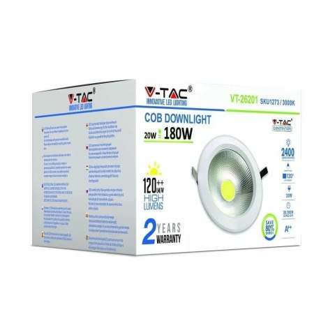 Oprawa 20W LED V-TAC COB Downlight Okrągły 120Lm/W VT-26201 4000K 2400lm