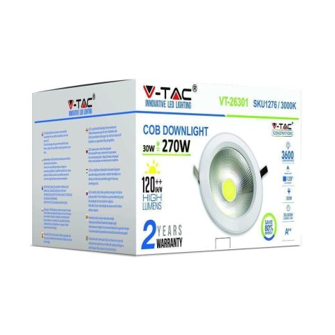 Oprawa 30W LED V-TAC COB Downlight Okrągły 120Lm/W VT-26301 3000K 3600lm