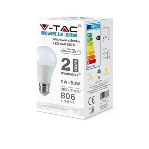 Żarówka LED V-TAC 9W E27 A60 Czujnik Mikrofalowy VT-2219 3000K 806lm