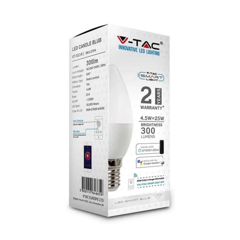 Żarówka LED WiFi V-TAC 4.5W E14 Świeczka SMART Amazon Alexa Google Home VT-5114 RGB+2700K-6400K 300lm
