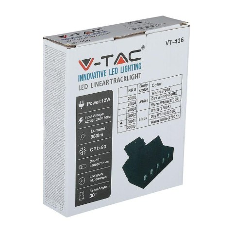 Oprawa LED V-TAC 12W Track Light SAMSUNG CHIP CRI90+ Czarna VT-416 2700K 960lm 5 Lat Gwarancji