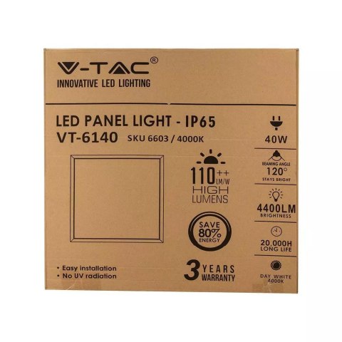 Panel LED V-TAC 600x600 40W 110Lm/W Hermetyczny IP65 VT-6140 4000K 4400lm 3 Lata Gwarancji