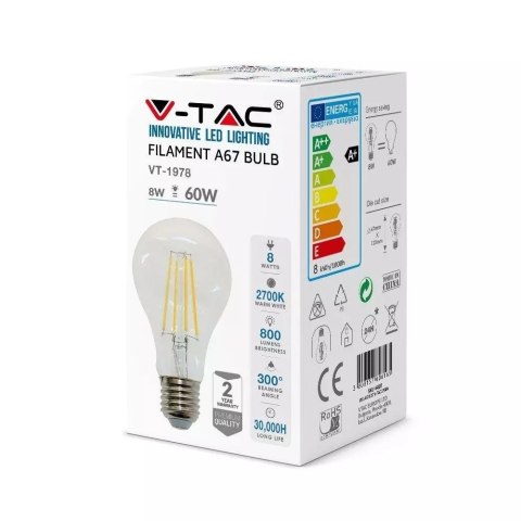 Żarówka LED V-TAC 8W Filament E27 A67 VT-1978 2700K 800lm