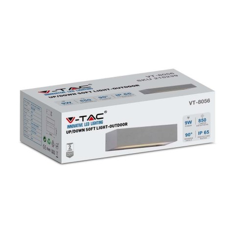 Oprawa Ścienna V-TAC 9W LED Góra Dół Szara IP65 VT-8056 6400K 850lm