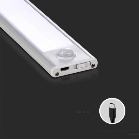 Oprawa podszafkowa V-TAC 1,5W LED Srebrna Czujnik Ruchu Ładowanie USB 30cm VT-814 4000K 110lm