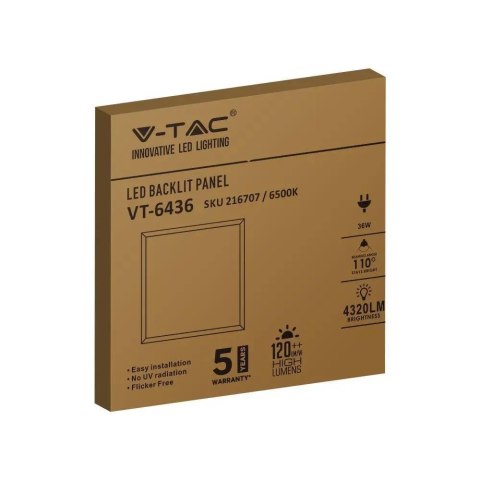 Plafon Panel LED V-TAC 36W 600x600 LED Backlight 33mm 120Lm/W VT-6436 4000K 4320lm 5 Lat Gwarancji