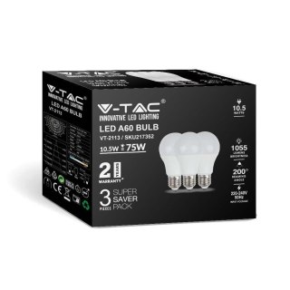 Żarówka LED V-TAC 10,5W E27 A60 (Opak. 3szt) VT-2113 2700K 1055lm