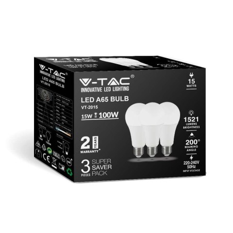 Żarówka LED V-TAC 15W E27 A60 (Opak. 3szt) VT-2015-3PC 4000K 1350lm