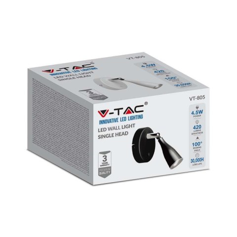 Kinkiet V-TAC 4,5W LED Czarny z włącznikiem VT-808 4000K 420lm 3 Lata Gwarancji