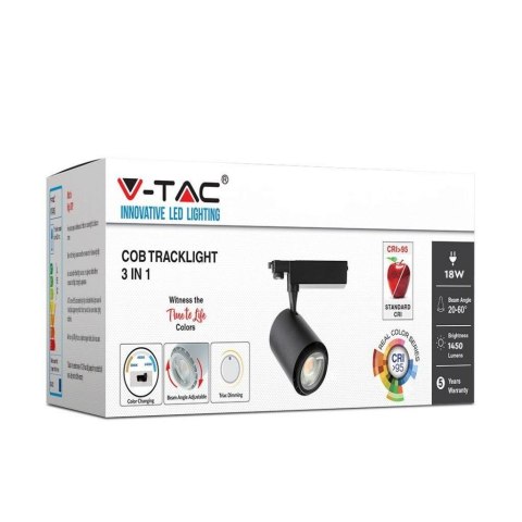 Oprawa Track Light LED V-TAC 18W COB Czarny VT-4718 2700K-6400K 1450lm 5 Lat Gwarancji