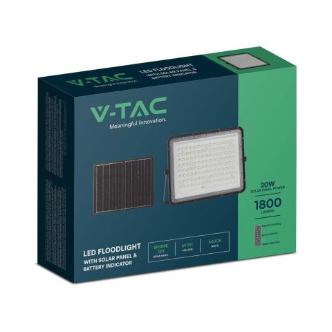 Projektor LED Solarny V-TAC 20W Pilot, AUTO, Timer, IP65 Czarny VT-180W 6400K 1800lm