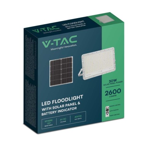 Projektor LED Solarny V-TAC 30W Pilot, AUTO, Timer, IP65 Biały VT-240W-W 4000K 2600lm