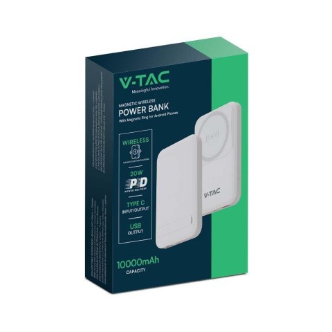 Power Bank V-TAC 10000mAh SLIM TYPE C Biały Ładowanie bezprzewodowe VT-3529