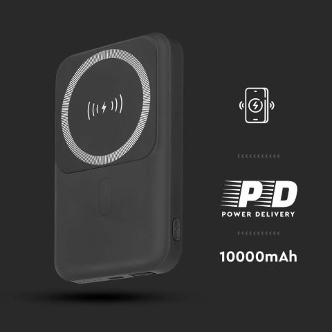 Power Bank V-TAC 10000mAh SLIM TYPE C Czarny Ładowanie bezprzewodowe VT-3529