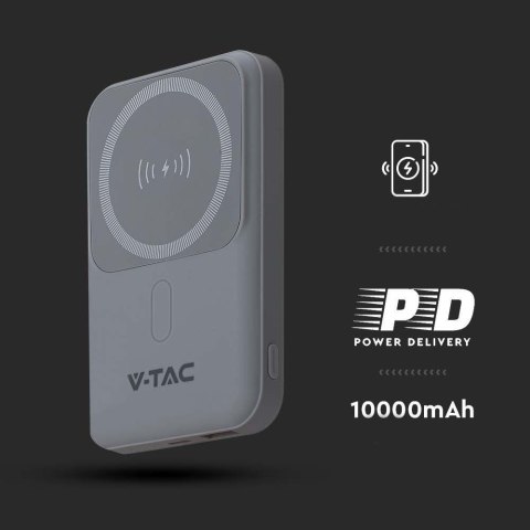 Power Bank V-TAC 10000mAh SLIM TYPE C Szary Ładowanie bezprzewodowe VT-3529