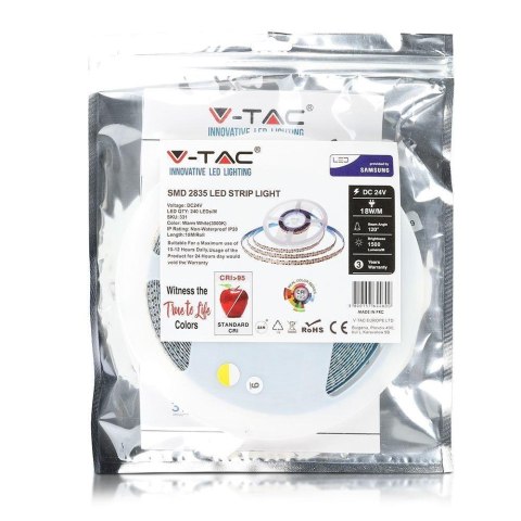 Taśma LED V-TAC SAMSUNG CHIP 2835 1200LED 24V IP20 CRI95+ 10mb 18W/m VT-10-240-1 6000K 1500lm 3 Lata Gwarancji