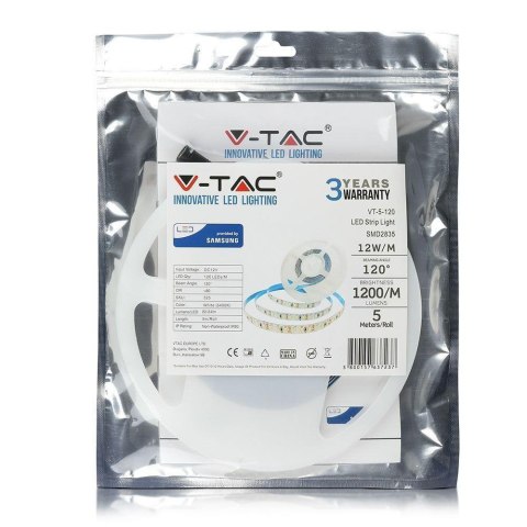 Taśma LED V-TAC SAMSUNG CHIP 2835 600LED 12V IP20 12W/m VT-5-120 4000K 1200lm 3 Lata Gwarancji