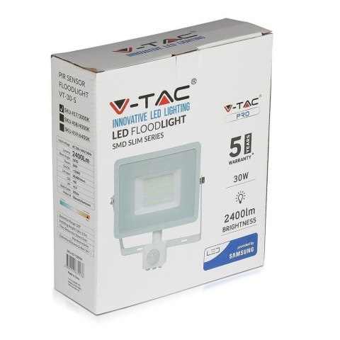 Naświetlacz Projektor LED V-TAC 30W SAMSUNG CHIP Czujnik Ruchu Funkcja Cut-OFF Biały VT-30-S-W 4000K 2400lm 5 Lat Gwarancji