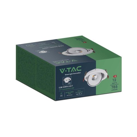 Lampa Oprawa V-TAC LED Uchylny Downlight 12W LED COB CRI90+ CCT Biała VT-2512 3000K-4000K-6400K 785lm