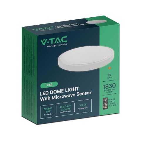 Plafon V-TAC 18W LED Okrągły 25cm Natynkowy Pilot Czujnik Ruchu IP44 Biały VT-8618S 3000K 1830lm