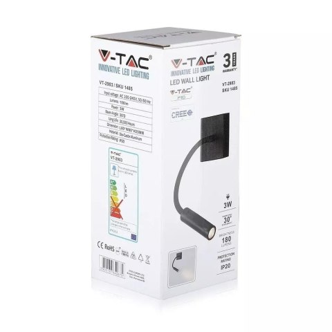 Oprawa LED V-TAC 3W Kinkiet Hotel Łóżko Czarny VT-2903 3000K 180lm 3 Lata Gwarancji