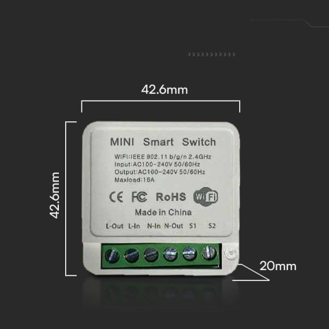 Bezprzewodowy Włącznik Switch Wi-Fi V-TAC 1x10A Dopuszkowy SMART Life Alexa Google Home VT-5101