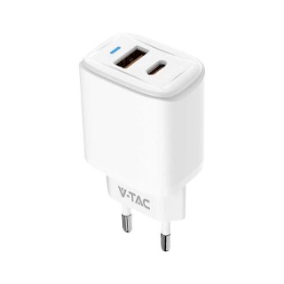 Ładowarka USB V-TAC SZYBKA 20W Biała MINI Dual USB Type-A Type-C VT-3530
