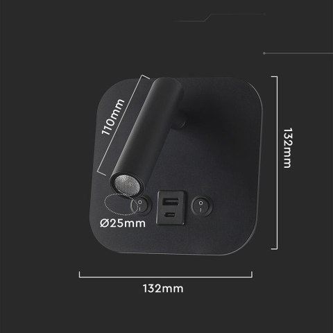 8W LED bedside light aluminum+PC with CREE CHIP 3000K black body IP20 USB/type C charging