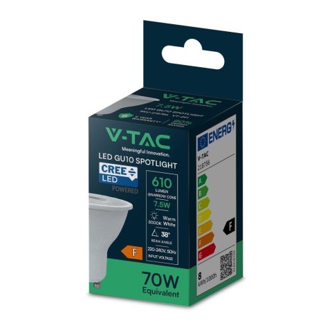 Żarówka LED V-TAC CREE CHIP GU10 7,5W 38st VT-291 3000K 610lm 6 Lat Gwarancji