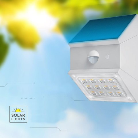 Kinkiet ogrodowy ścienny solarny V-TAC 2,5W CCT czujnik ruchu biały VT-11025CCT-W 3000K-4000K-6000K 300lm 3 lata gwarancji