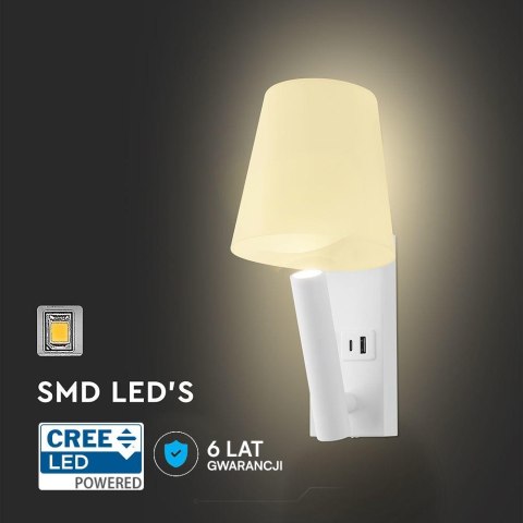 Oprawa LED V-TAC 2W COB CREE kinkiet biały hotel łóżko USB+USB C klosz VT-80062-W 3000K 60lm 2 lata Gwarancji